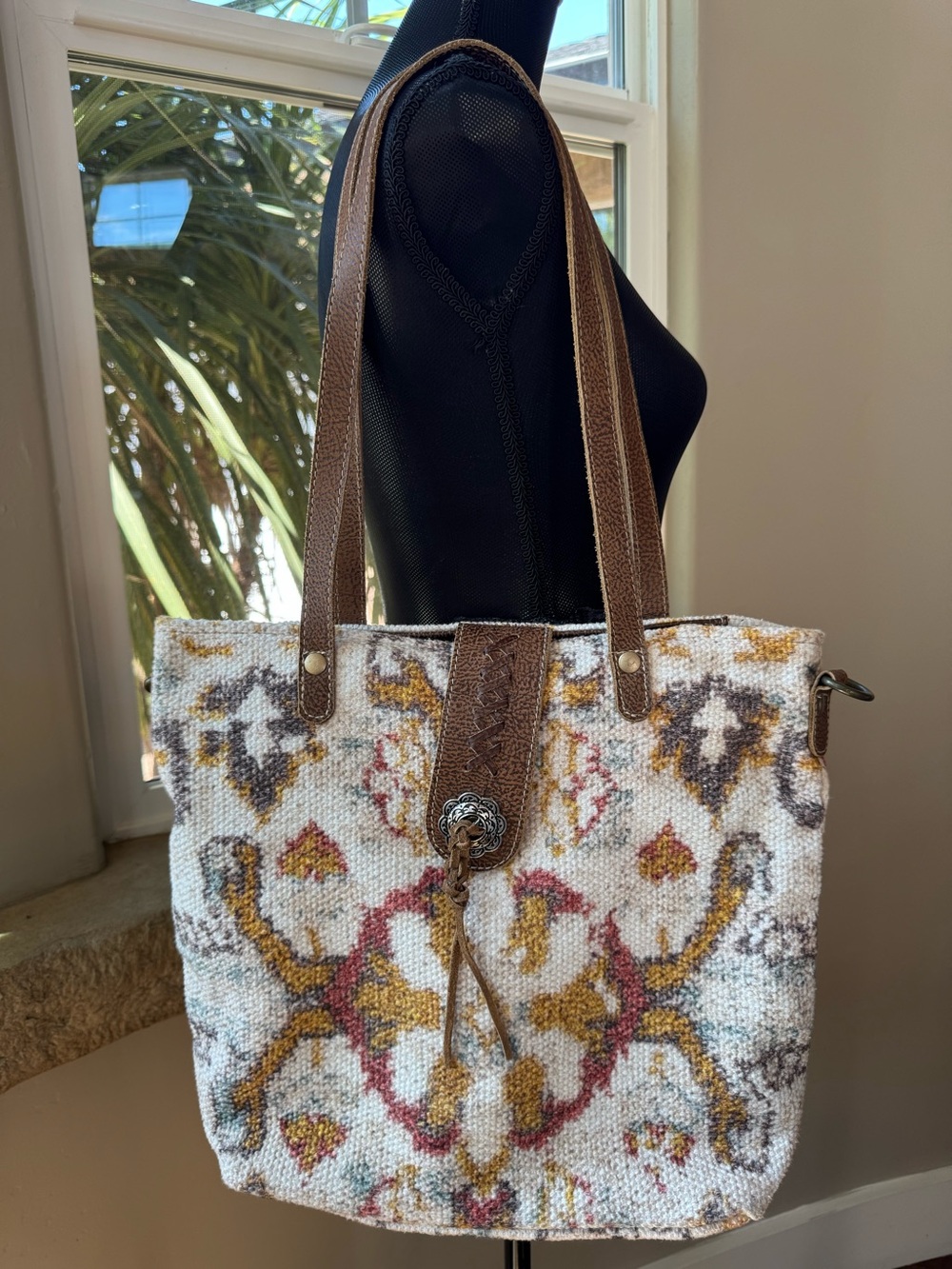 Myra Whimsical Boho Shoulder Bag Floral Tote Bag W/Leather Trim - Picture 4 of 16
